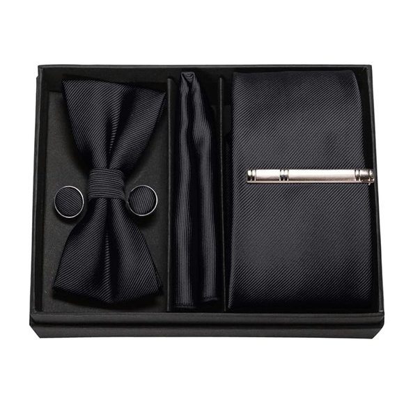 Mens 5 Piece Tie + Bow Tie + Pocket Square + Cufflinks + Clip Black - Picture 2 of 5